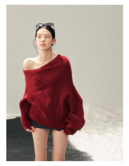 少也眼 “Norwegian Exchange” Off-Shoulder Cable Knit Winter Sweater – Cabernet Red