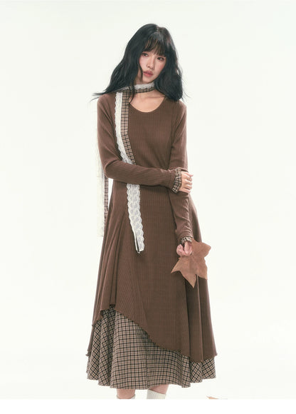 CAN - "Brownie Winterfield" Brown Plaid-Trim Ruched Knit Midi Dress