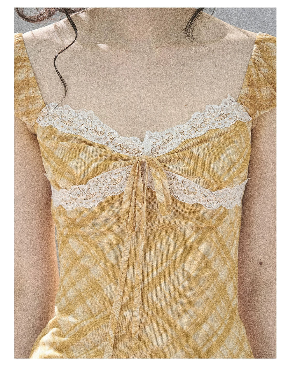 "Golden Wheat Whisper" Goose Yellow Lace Diamond Mini Dress
