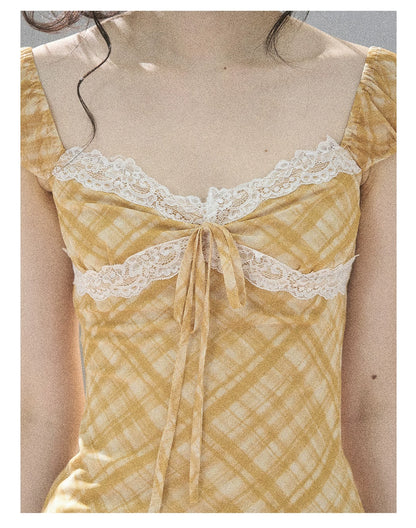 "Golden Wheat Whisper" Goose Yellow Lace Diamond Mini Dress