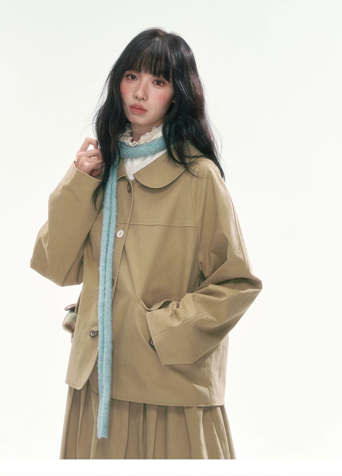 [CAN] Khaki Peter Pan Collar Jacket & Midi Skirt Set