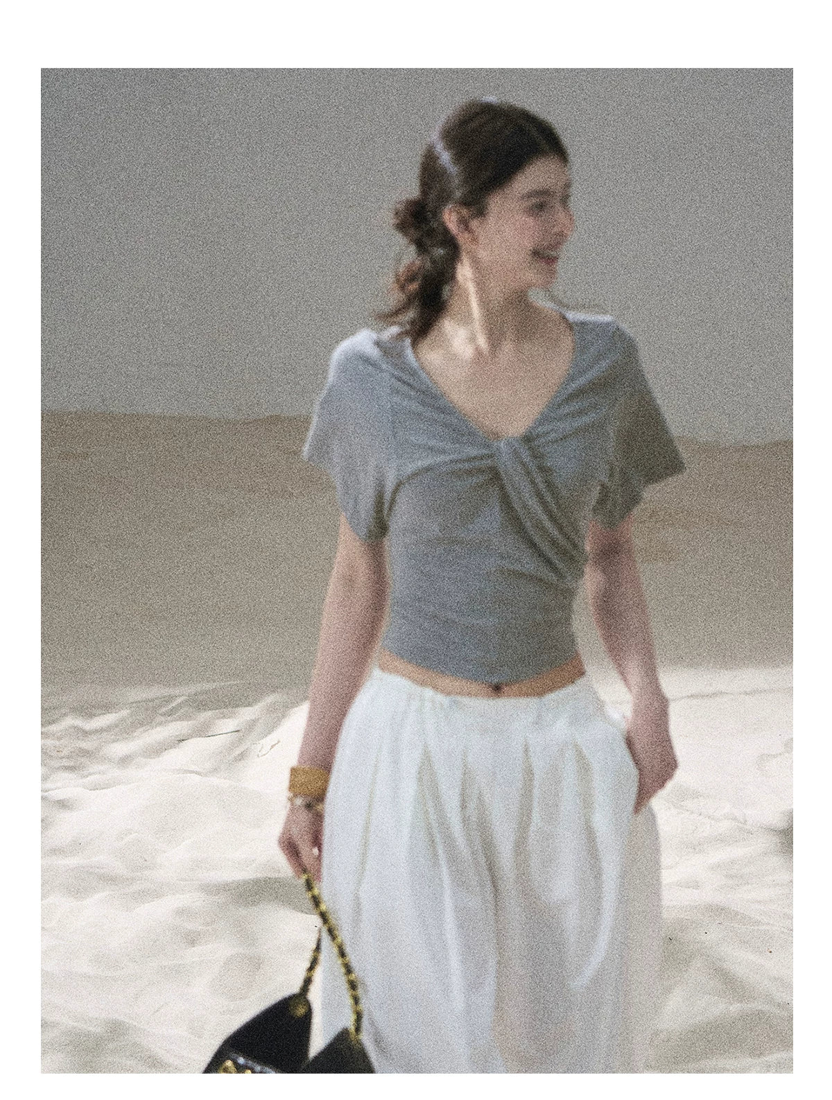 "Moonlight on Water" Twist-Front Cropped T-Shirt (Silver Mink Gray/ Mist Blue)