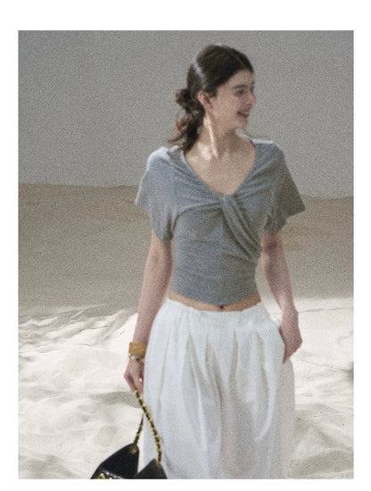 "Moonlight on Water" Twist-Front Cropped T-Shirt (Silver Mink Gray/ Mist Blue)