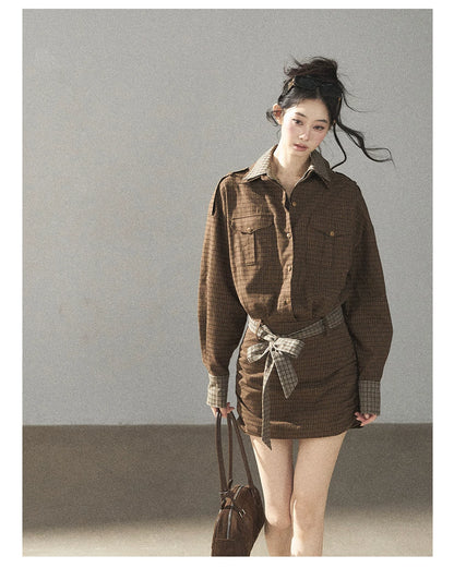 AOMALM - "A Promise Beneath the Oak" Crabapple Brown Plaid Shirt Dress with Belt