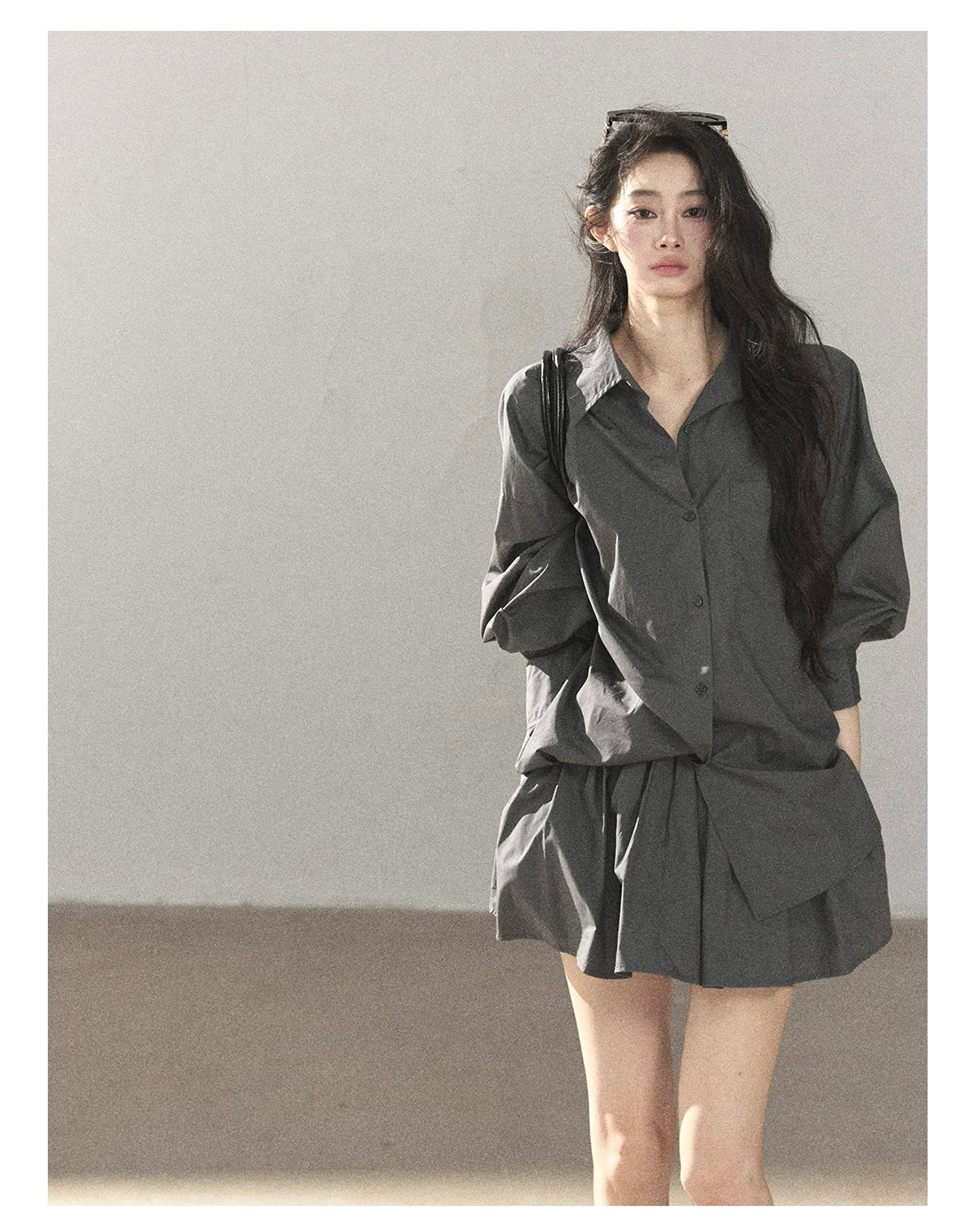 AOMALM - Thin Dusk Gray Bow-Back Shirt & Bubble Mini Skirt Set