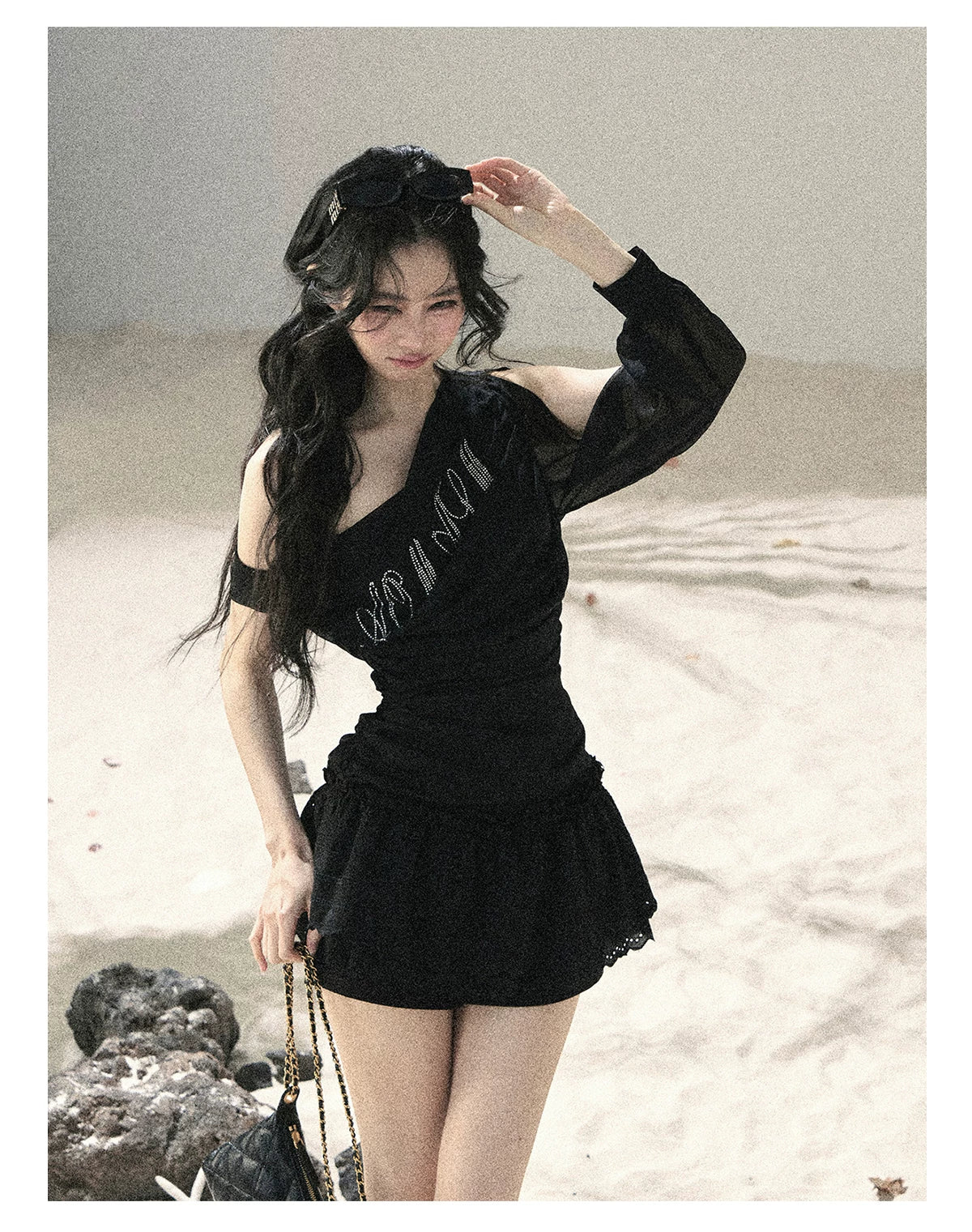 "Scattered Starlight" Midnight Black Off-Shoulder Mesh Waist-Cinched Top