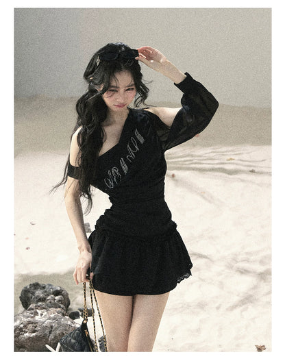 "Scattered Starlight" Midnight Black Off-Shoulder Mesh Waist-Cinched Top