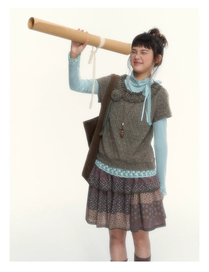 “Hazelnut Mousse” Tea Brown Vintage 3D Floral Ruffle Knit Top