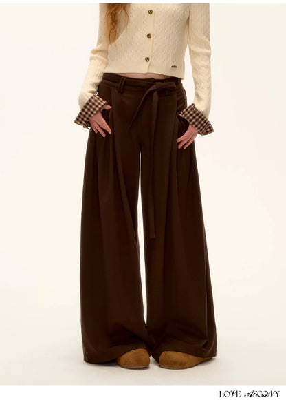 ASGONY - Pleated Wide-Leg Trousers with Detachable Tie (Gray / Brown)