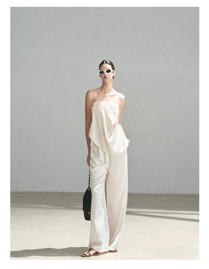 "Summer Rain at Dusk" Cream Beige Satin Two-Piece Set