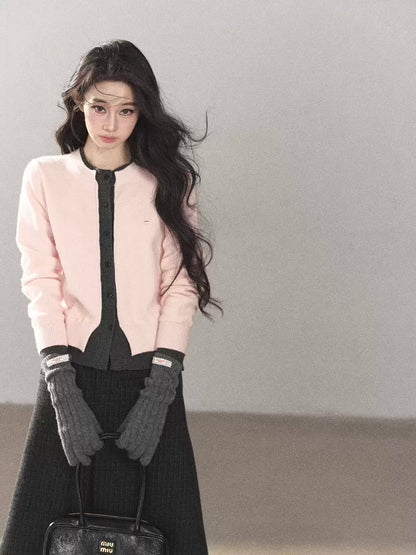 AOMALM - Cinnamon Pink Faux Layered Cropped Cardigan Sweater