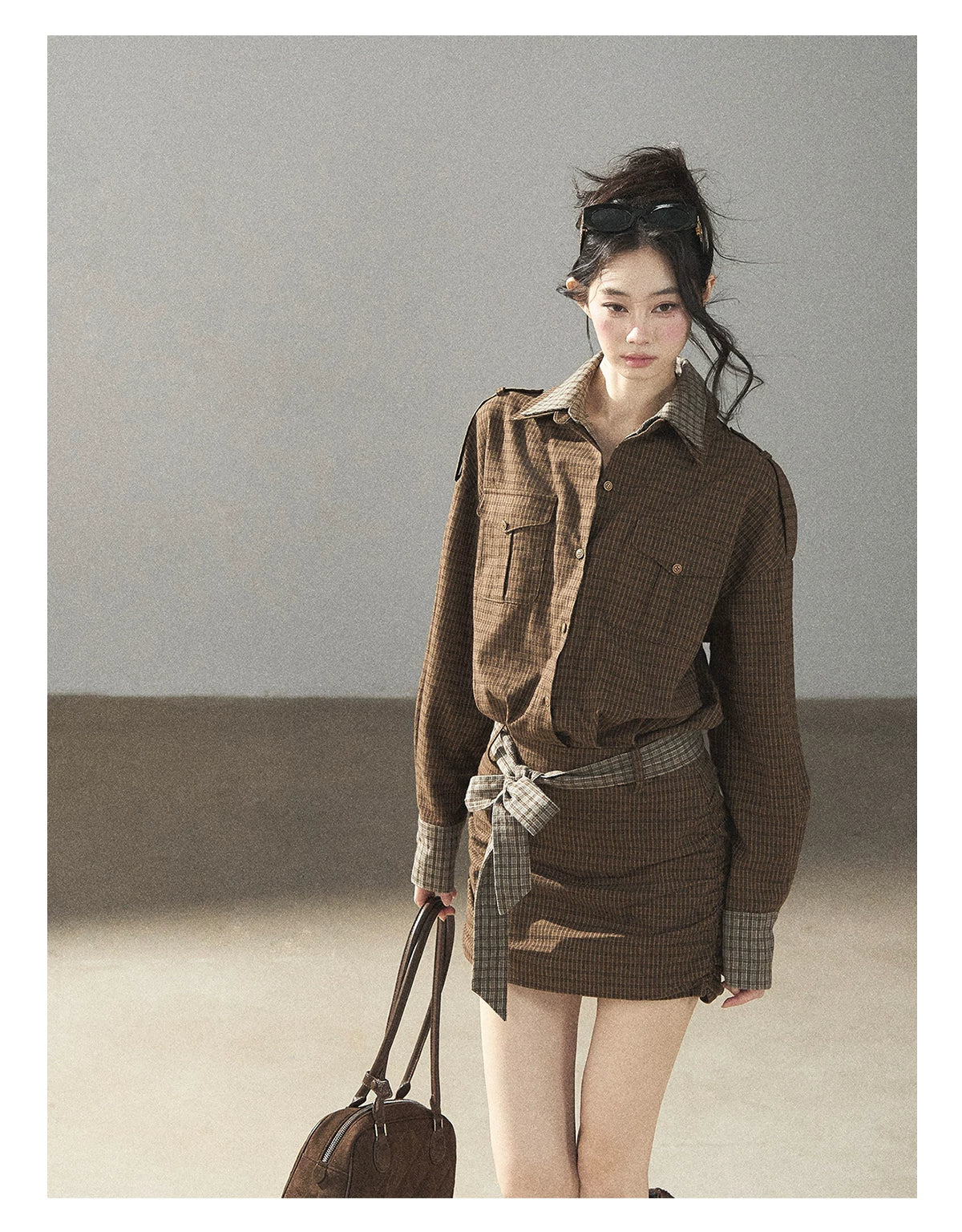 AOMALM - "A Promise Beneath the Oak" Crabapple Brown Plaid Shirt Dress with Belt