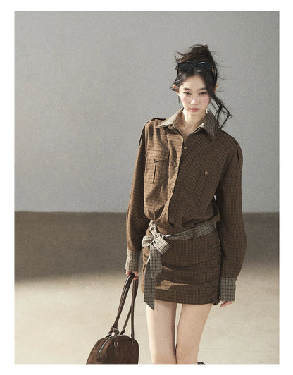 AOMALM - "A Promise Beneath the Oak" Crabapple Brown Plaid Shirt Dress with Belt