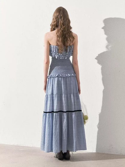"Twilight Verses" Misty Blue Smocked Ruffle Maxi Dress