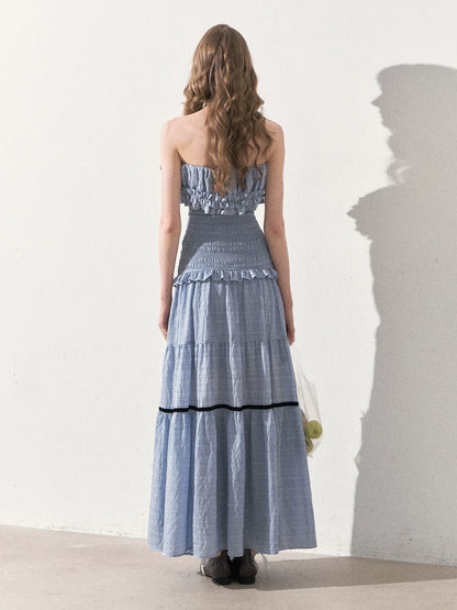 "Twilight Verses" Misty Blue Smocked Ruffle Maxi Dress