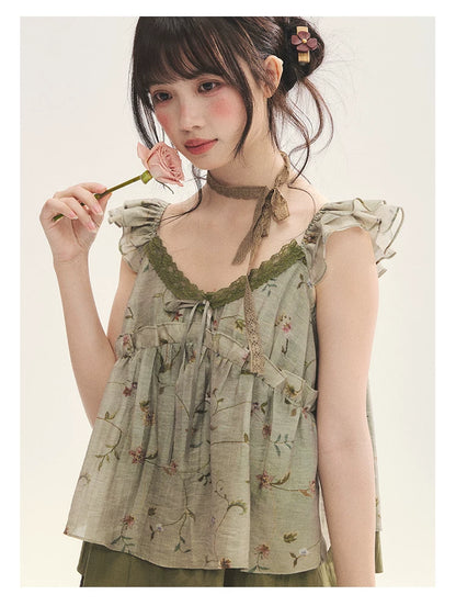 "Enchanted Forest" Moss Green Floral Lace Ruffle Cami Top