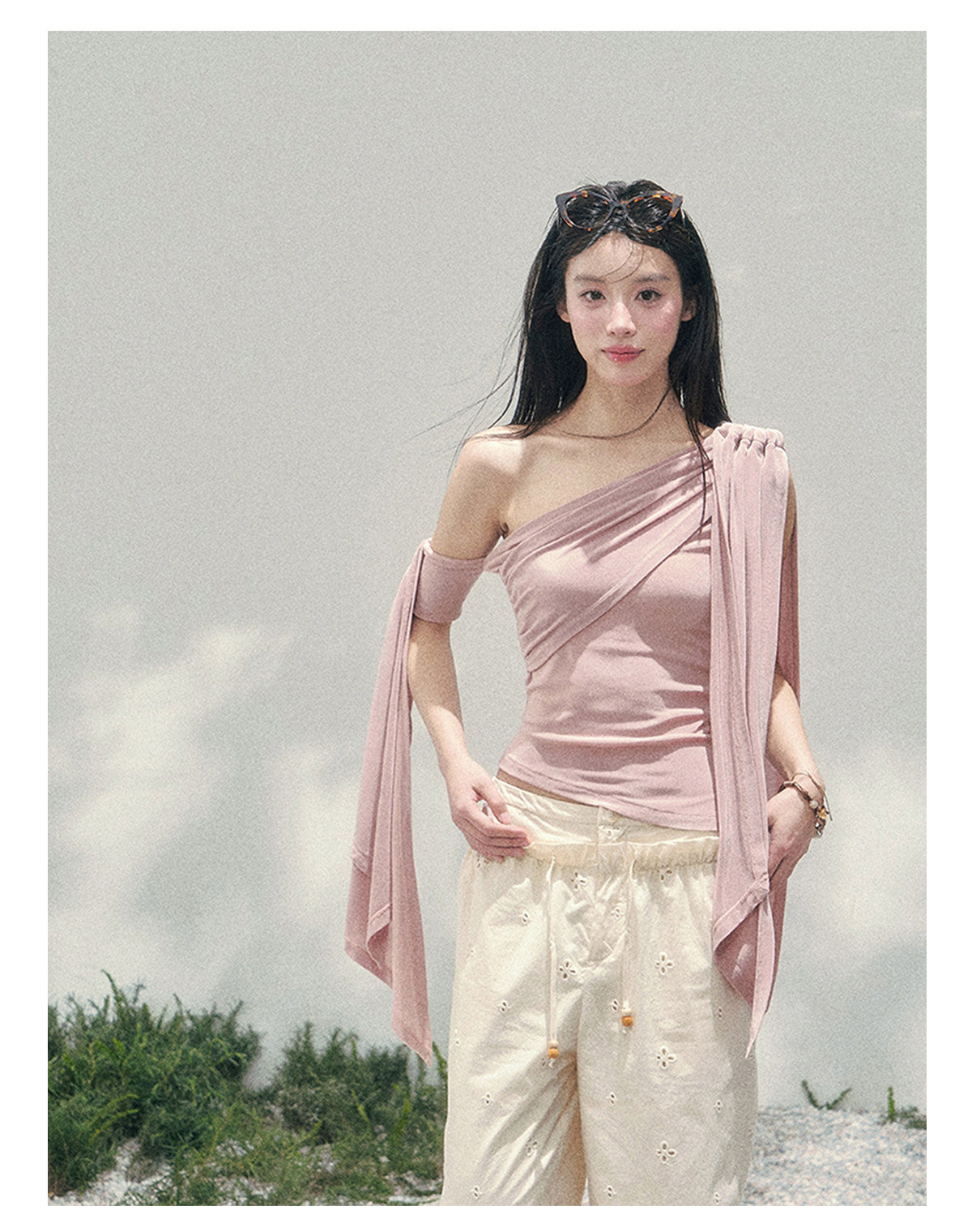 “Sunset Coral” Asymmetrical Ribbon Sleeve Crop Top