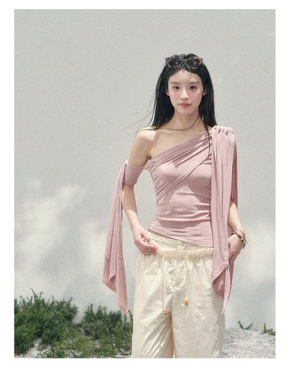 “Sunset Coral” Asymmetrical Ribbon Sleeve Crop Top