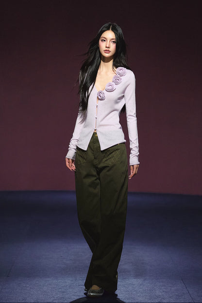 3D Rose Contrast V-Neck Shimmer Knit Cardigan (White/ Light Lavender)