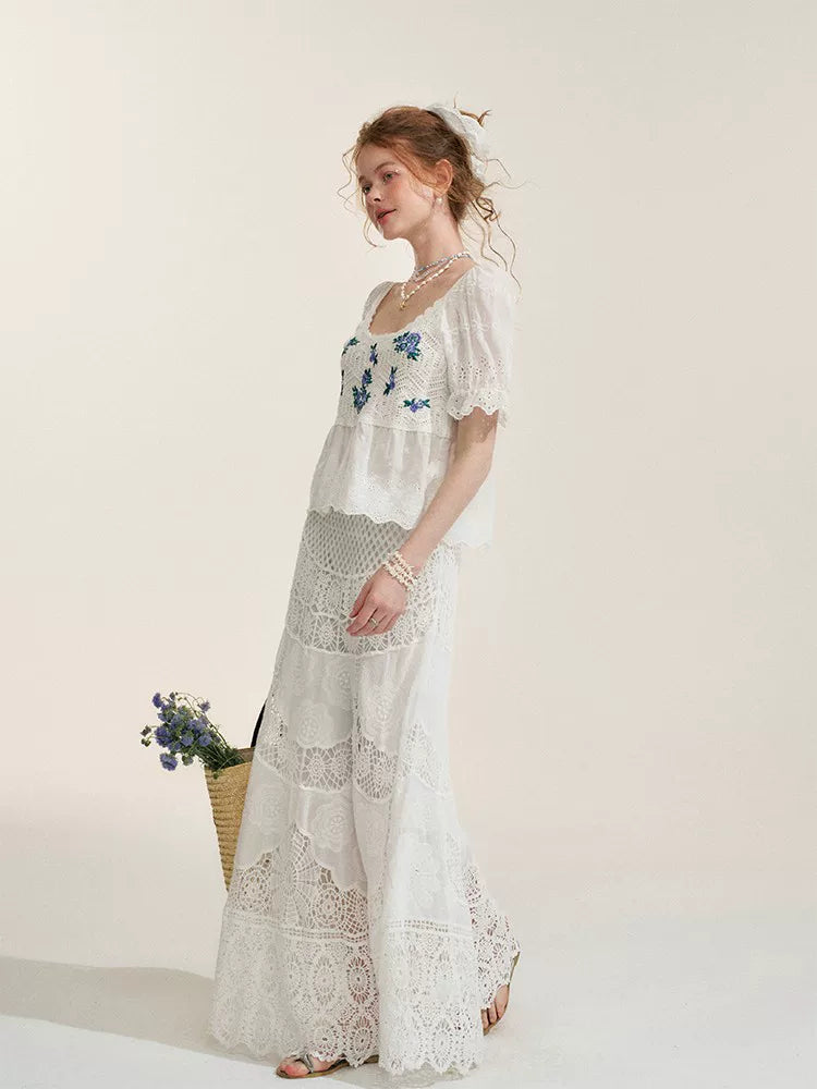 White Floral Embroidery Crochet-Detail Blouse