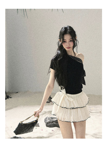 "Morning Dew & Evening Breeze" Midnight Black One-Shoulder Polka Dot Crop Top