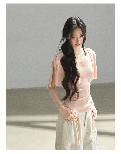 "Where Clouds Fall" Ruffle Sleeve V-Neck Crop Top (Forest Green/ Sage Gray/ Misty Blue/ Cinnamon Pink)