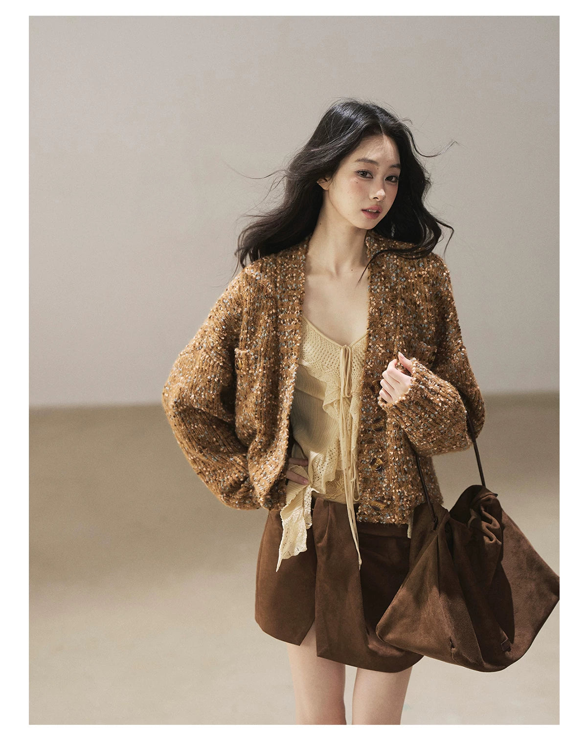 AOMALM - "The Gap of Light" Cheese Yellow Korean Ruffle Lace-Trim Knit Cardigan