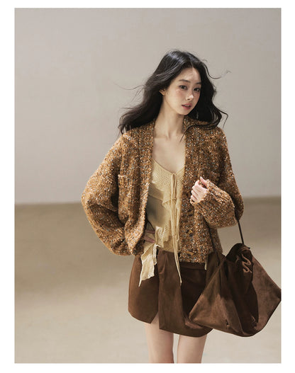 AOMALM - "The Gap of Light" Cheese Yellow Korean Ruffle Lace-Trim Knit Cardigan