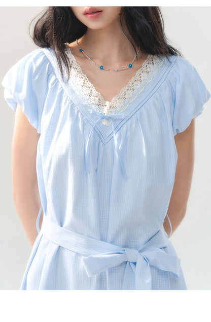 [CAN] "Cloud Daydream" Sky Blue Plaid Lace V-Neck Puff Sleeve Dress