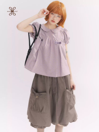 “Sweet & Cool Girl” Taupe Bow Drawstring High-Waist A-Line Cargo Skirt