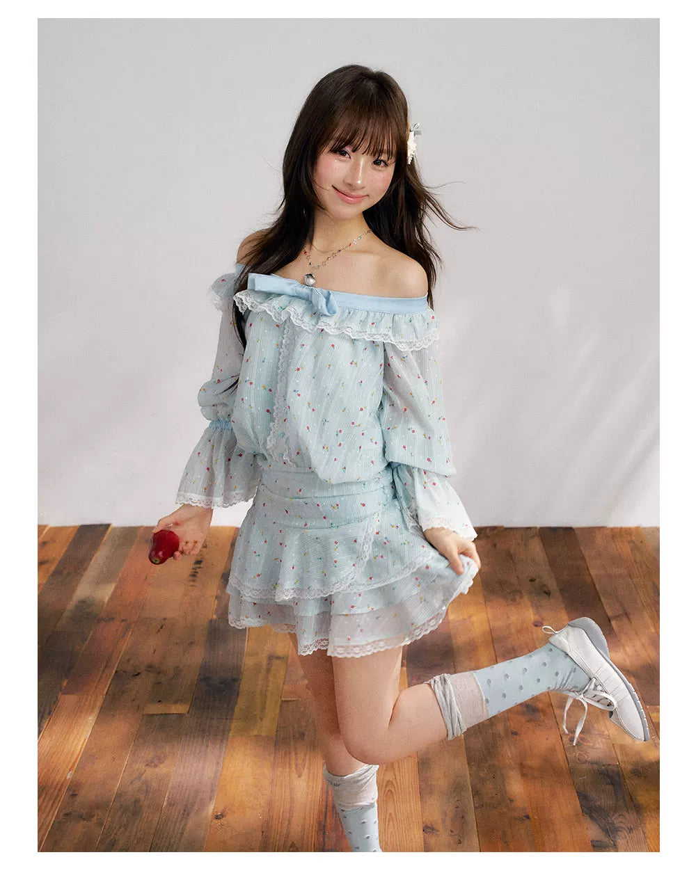 “Blue Meringue Reverie” Blue Off-Shoulder Cake Dress