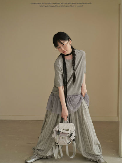 "Dot Veil" Polka Dot Mesh Panel T-Shirt (White / Gray)