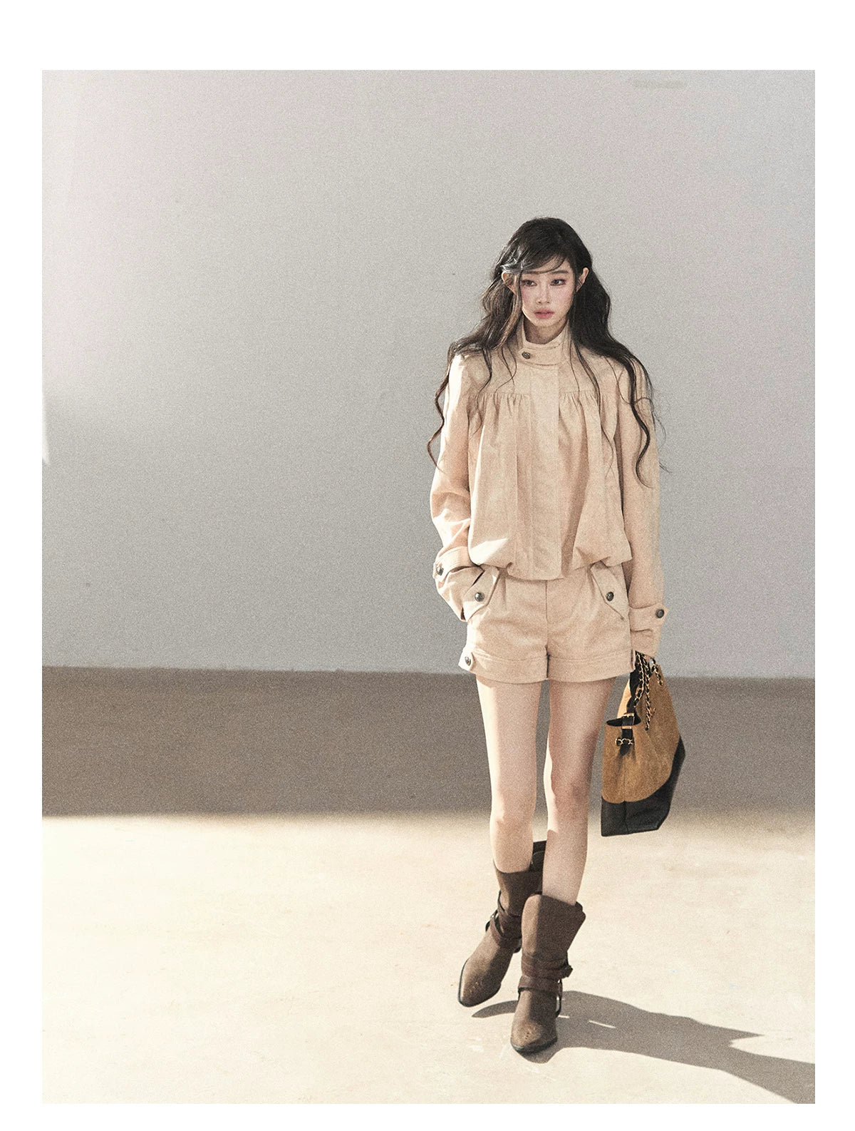 AOMALM - Mauve Faux Suede Jacket & Cargo Shorts Set