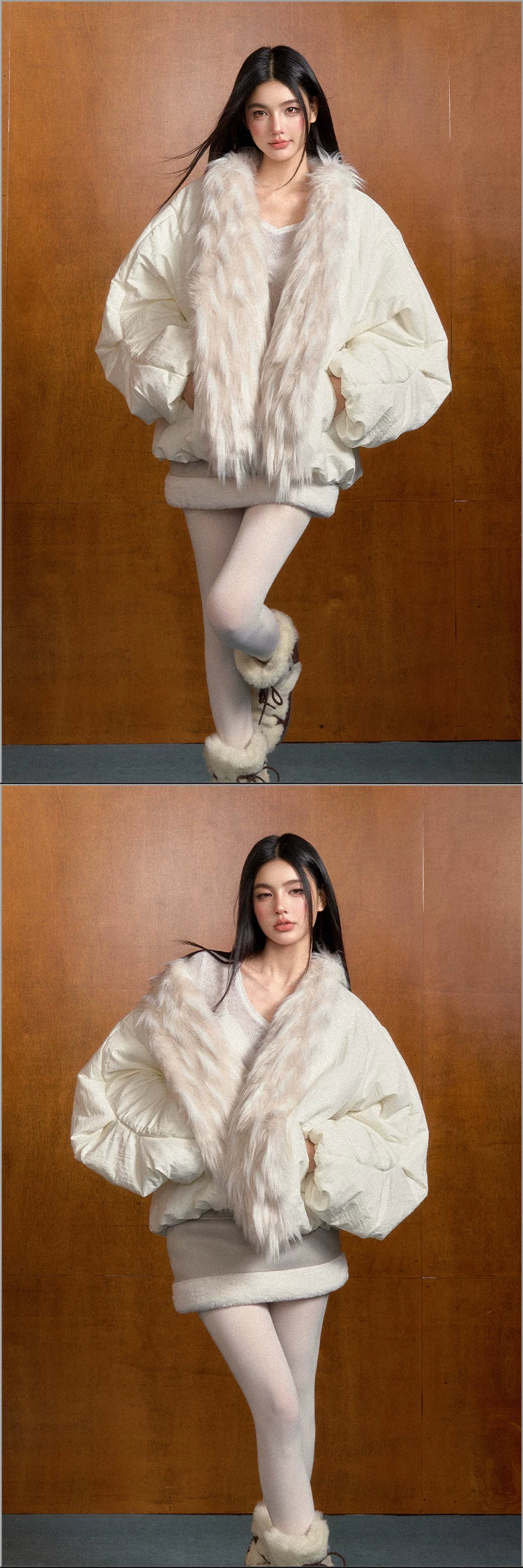 "Snowbound Escape" Faux Fur Collar Padded Winter Jacket (Ivory / Heather Gray)