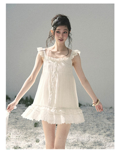 "Shimmer Along the Hem" Cloud White Lace Flutter Sleeve Babydoll Mini Dress 53413