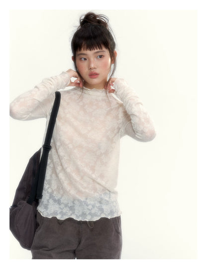 “Everyday Mist” Jacquard Lace Layering Top ( Ivory / Fog Gray )
