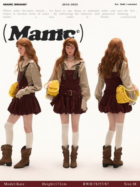 MAMC - Wine Red Corduroy Buckle Strap Mini Dress