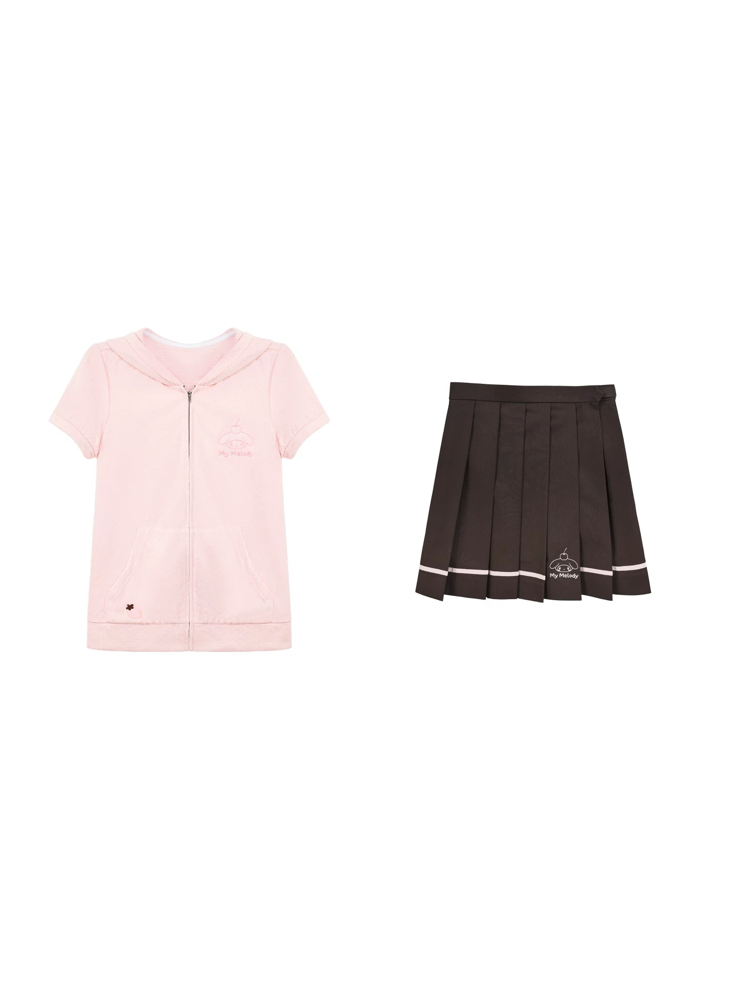 "Strawberry Daydream" Pink Hooded Zip-Up & Brown Skirt Set