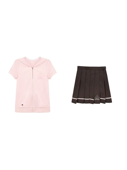 "Strawberry Daydream" Pink Hooded Zip-Up & Brown Skirt Set