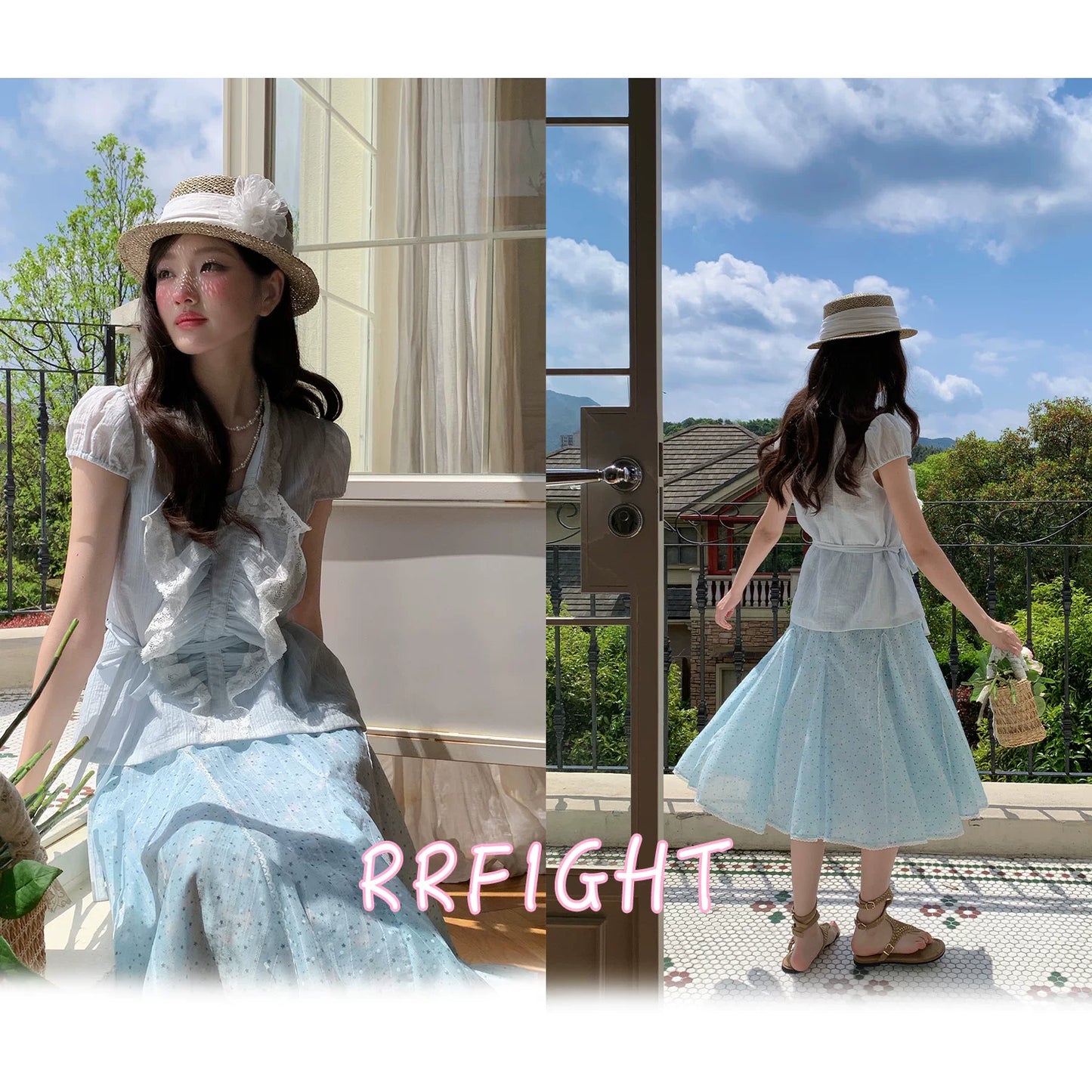 “Blue Breeze Sonata” Blue Ruffle Lace Blouse