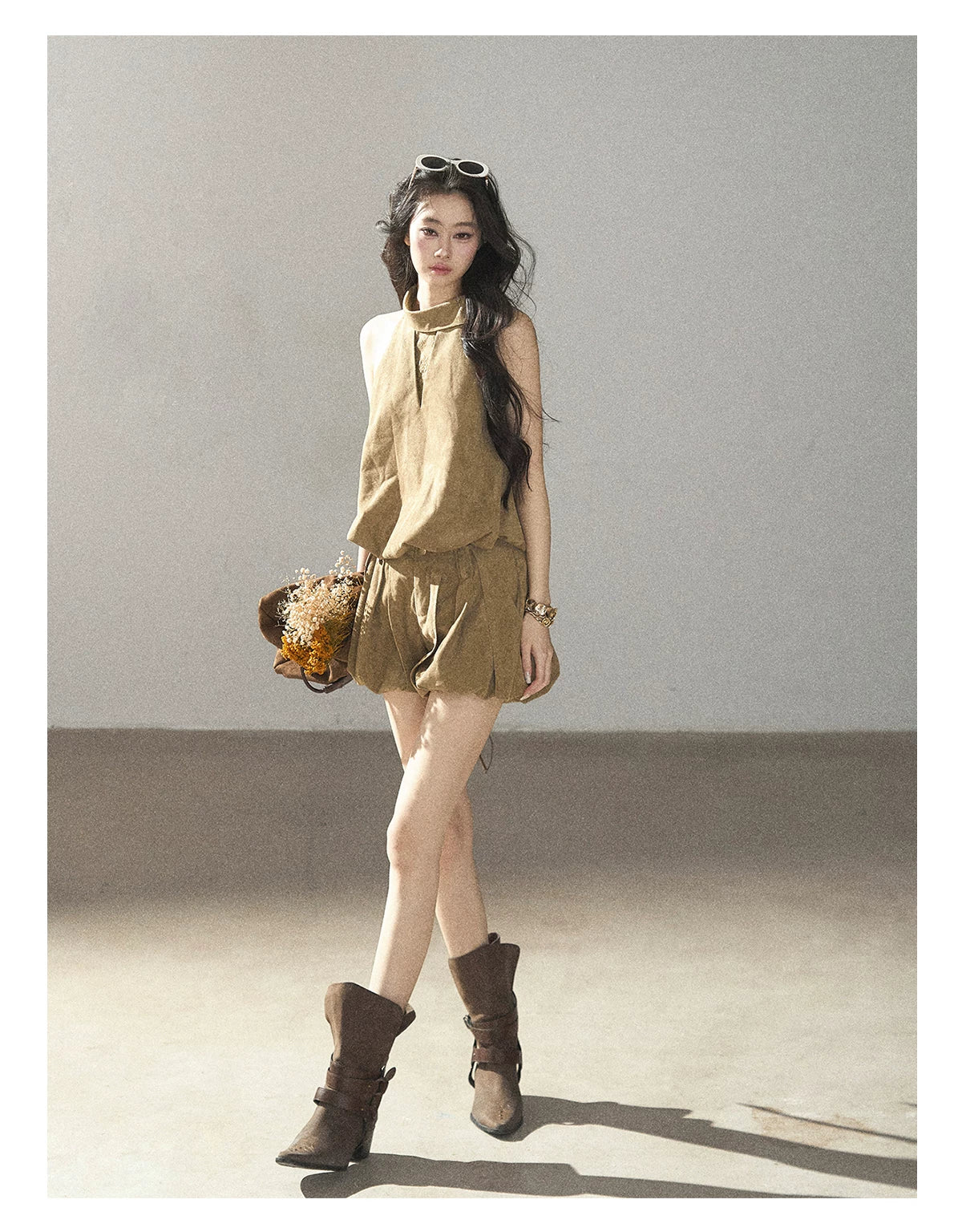 AOMALM - "The Veins of Leaves" Oatmeal French Faux Suede Top & Shorts Set