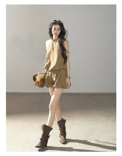 AOMALM - "The Veins of Leaves" Oatmeal French Faux Suede Top & Shorts Set