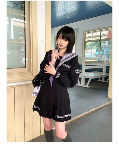 "Snow-Cleared Lily" Gray-Lilac JK Long-Sleeve Sailor Uniform Set