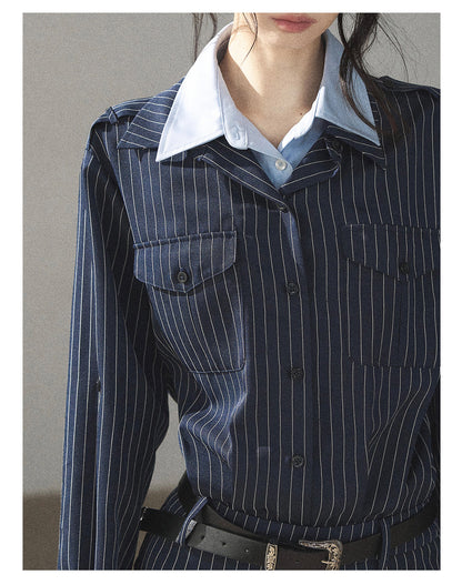 170726 "The Island and the Whale" Deep Slate Gray Layered Stripe Shirt Dress with Belt