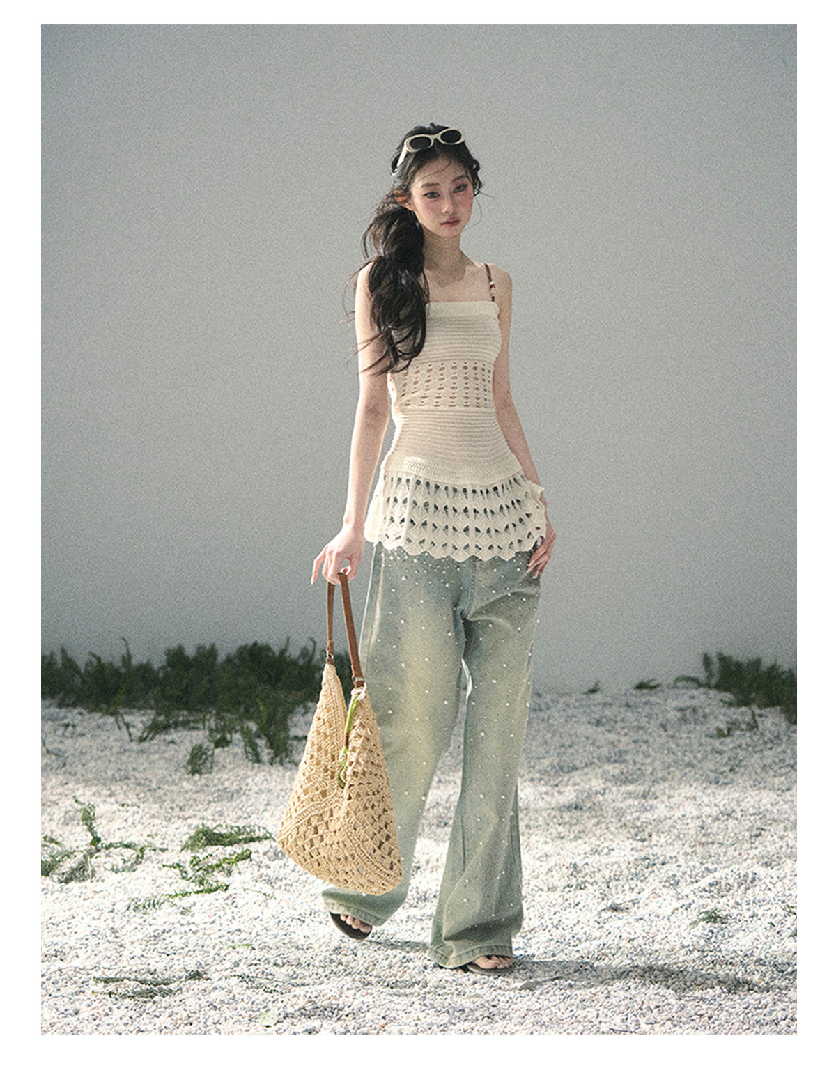 “Fractured Presence” Ivory Open-Knit Cami Top
