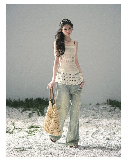 “Fractured Presence” Ivory Open-Knit Cami Top