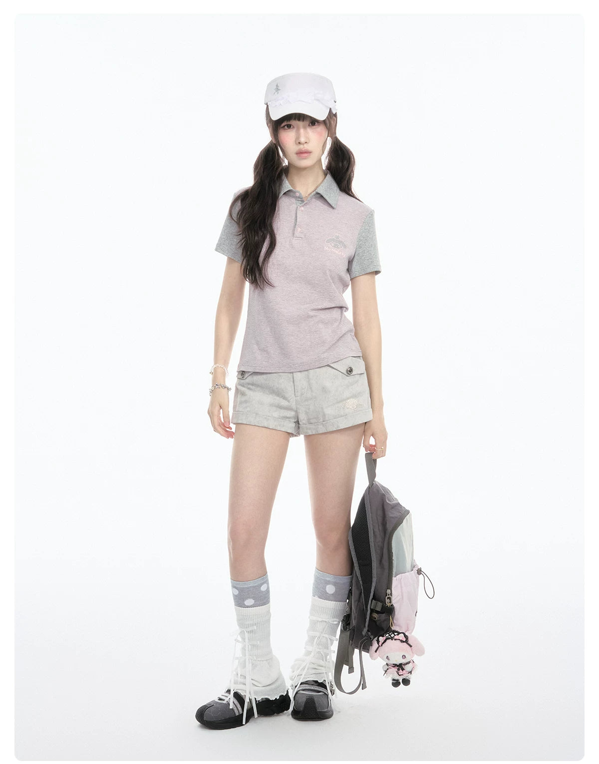Contrast Stripe Light Gray Pink Polo Collar Short Sleeve Top / Shorts