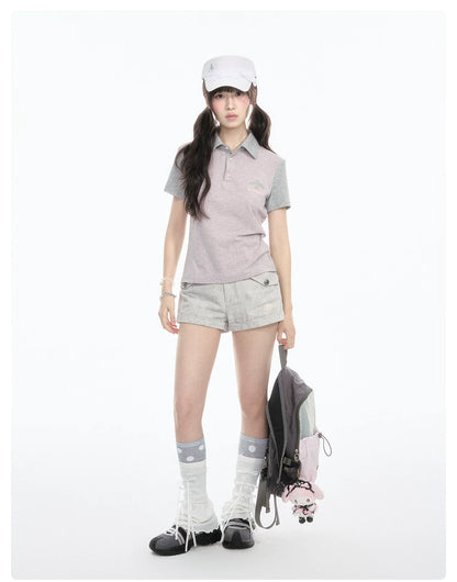 Contrast Stripe Light Gray Pink Polo Collar Short Sleeve Top / Shorts