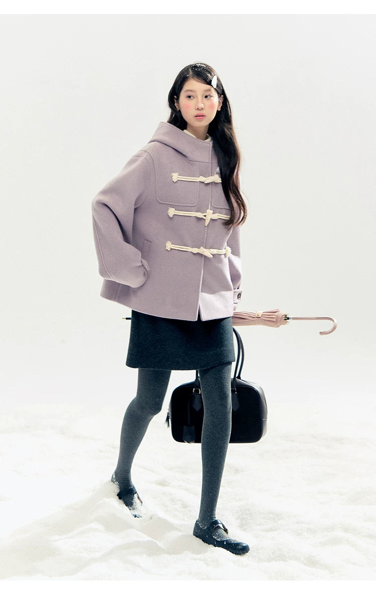 "Velvet Snowfall" Purple Mist Hooded Quilted Wool-Touch Duffle Coat