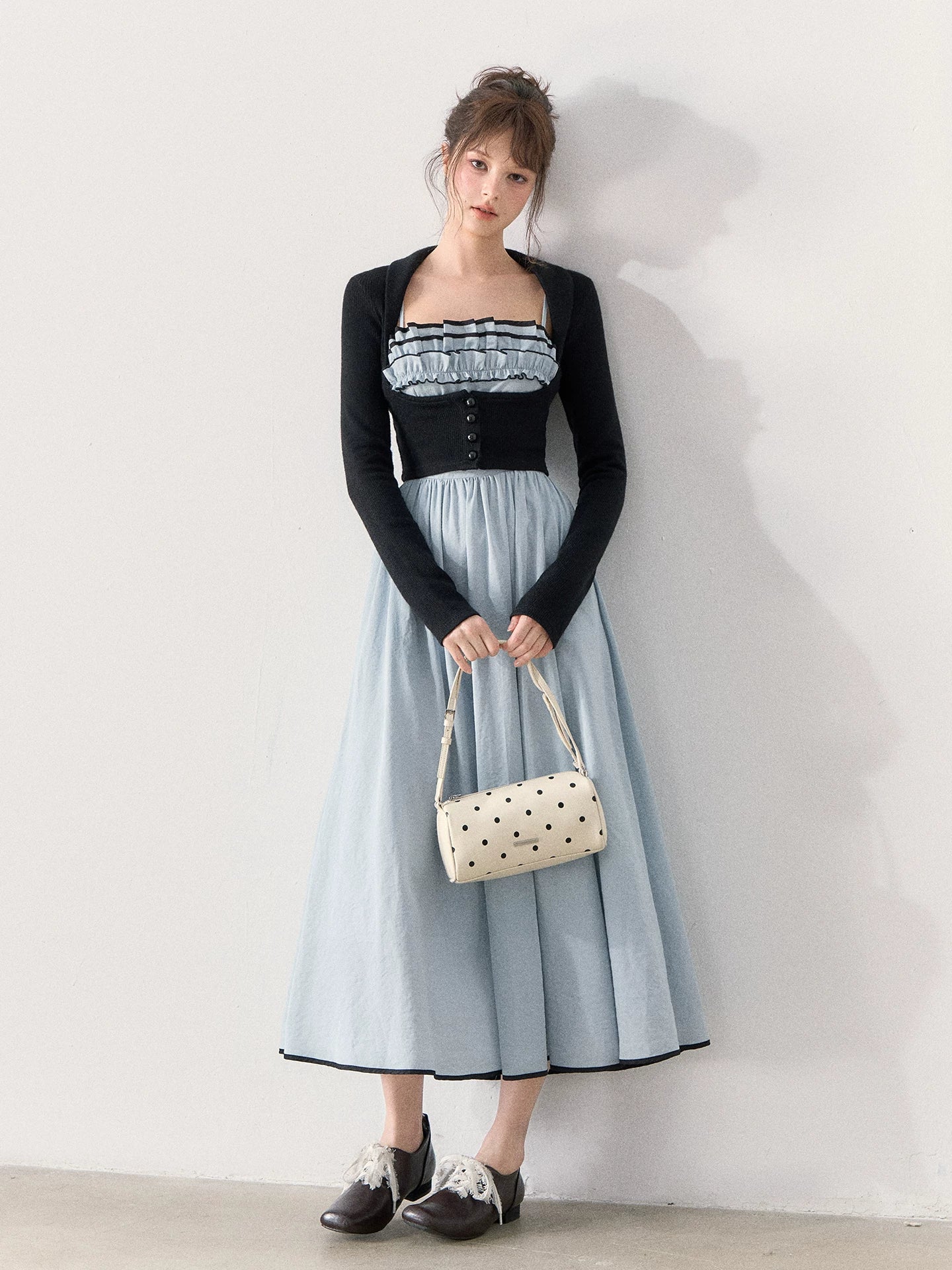 [TMMG] French Vintage Ruffle Dress & Cropped Knit Cardigan Set
